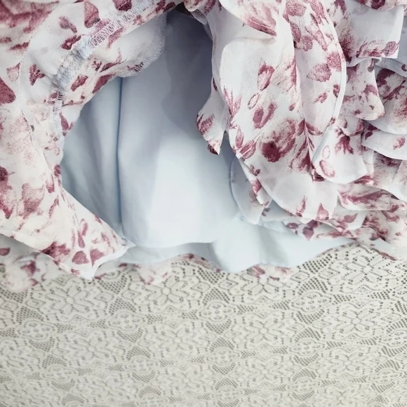 Bardot V neck Floral Long sleeve Ruffle Layer Mini dress 10/ L - Picture 5 of 9